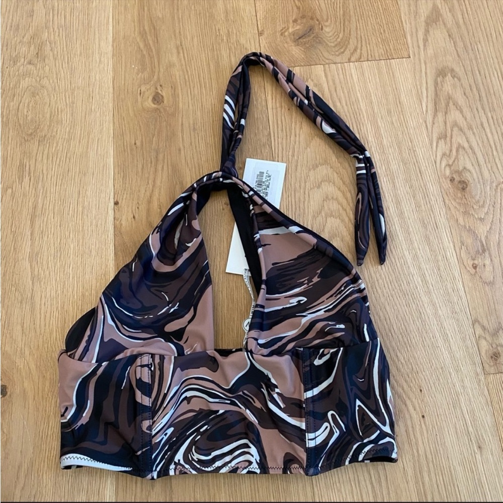 White Fox Swim Next Level Brown Swirl Crop Top in Brown, Black & White, size M